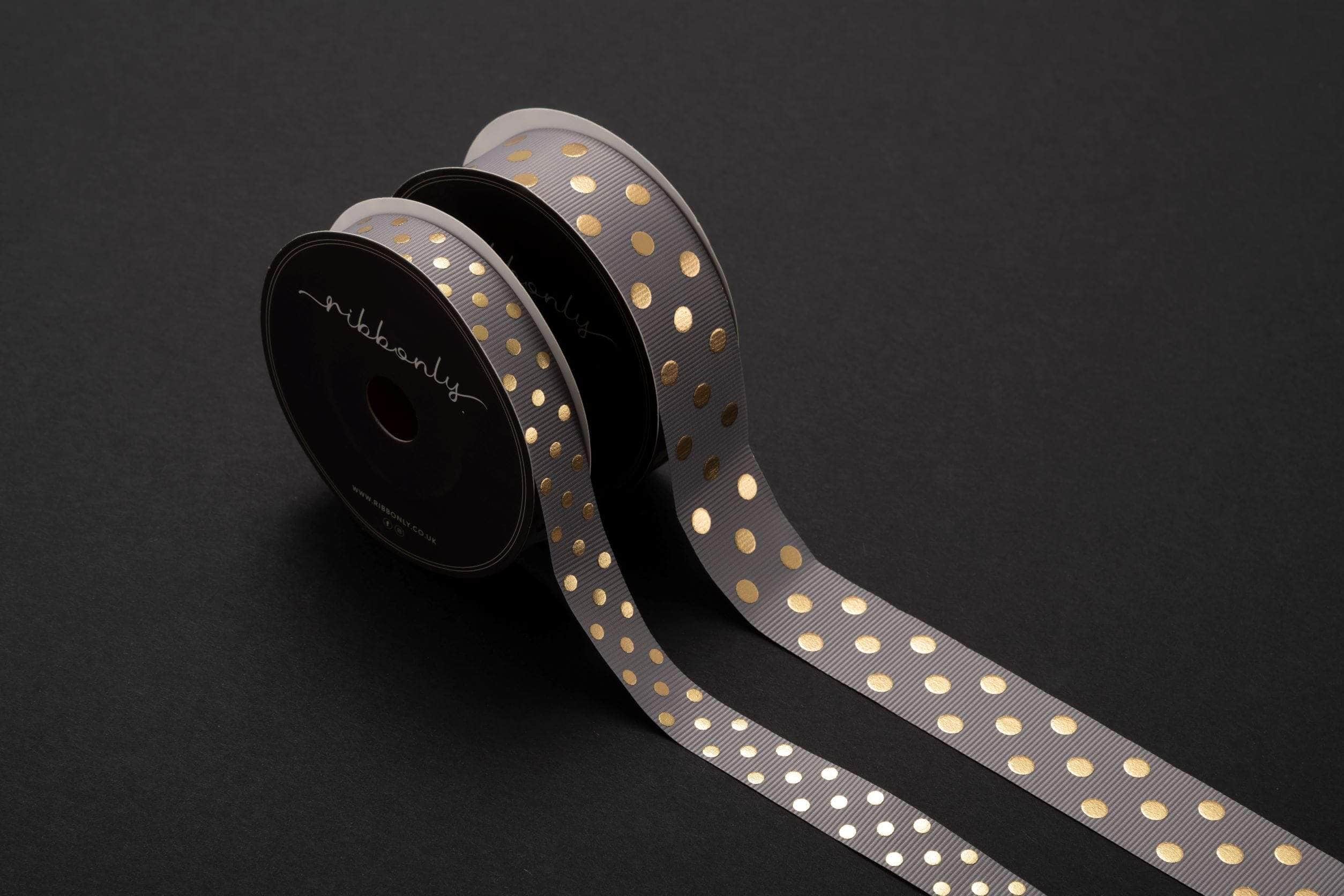 Ribbonly Grosgrain Gold Polka Grosgrain Ribbon Smoke