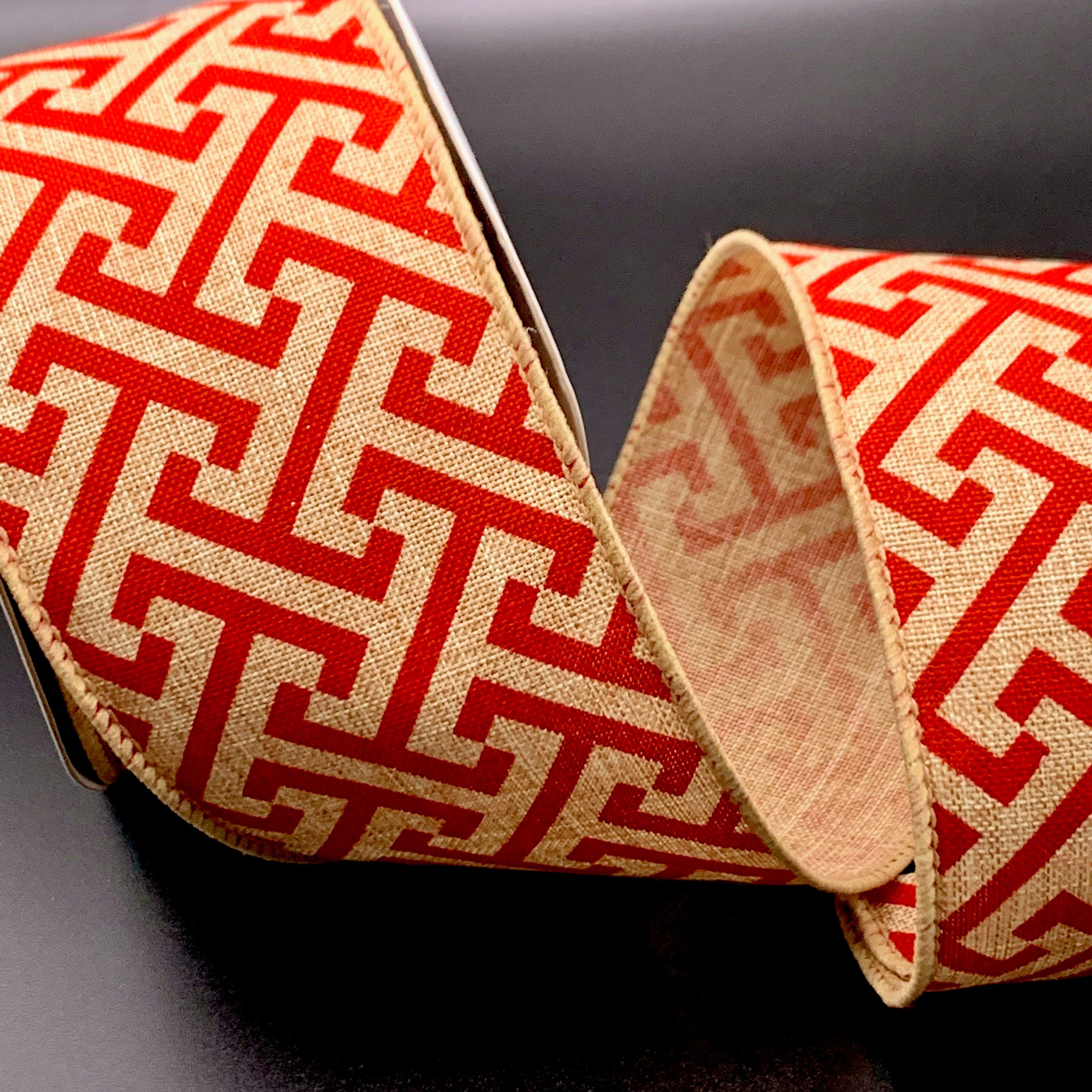 Ribbonly Wired Red / 10m / 63mm Berry Greek Key Wired Jute Ribbon