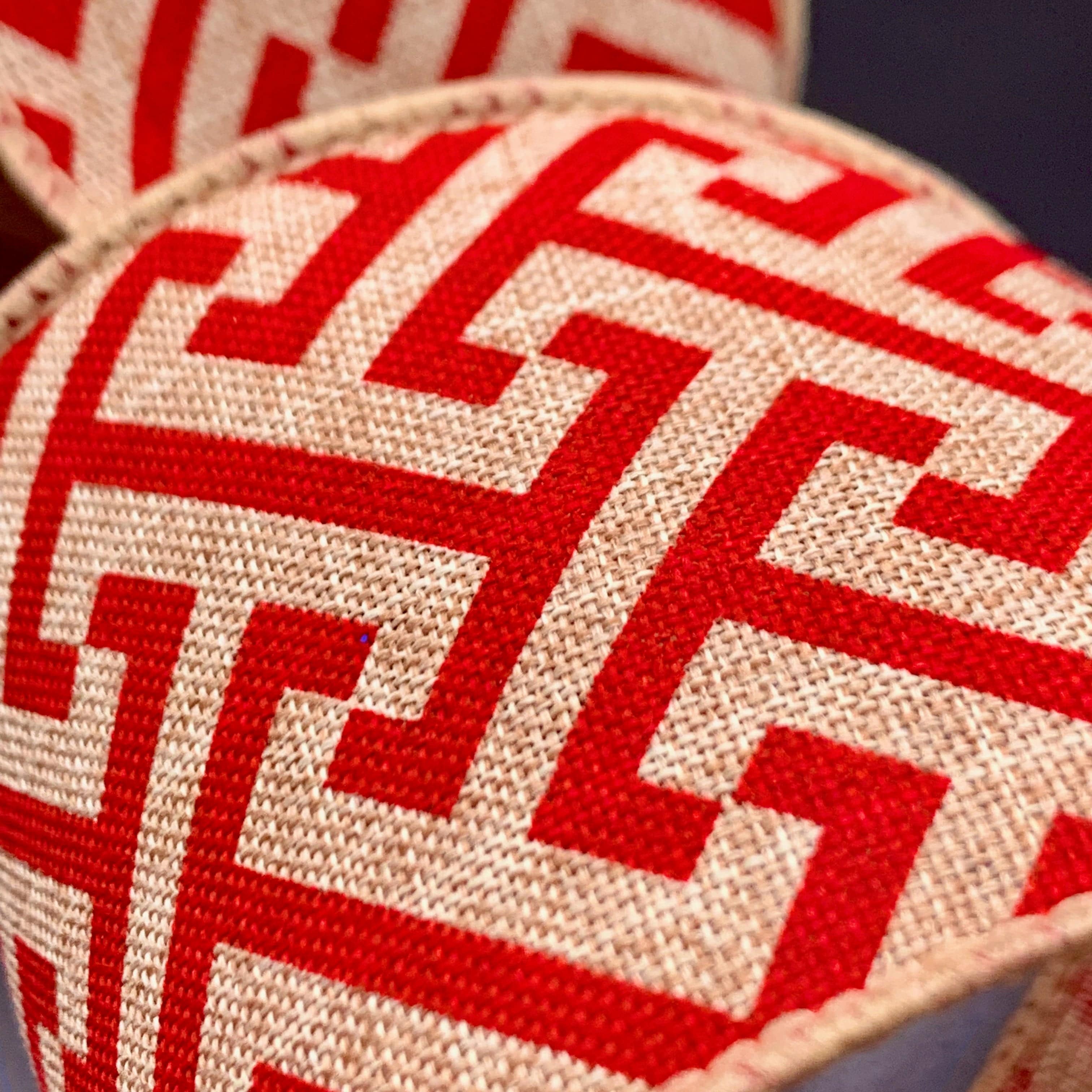 Ribbonly Wired Red / 10m / 63mm Berry Greek Key Wired Jute Ribbon