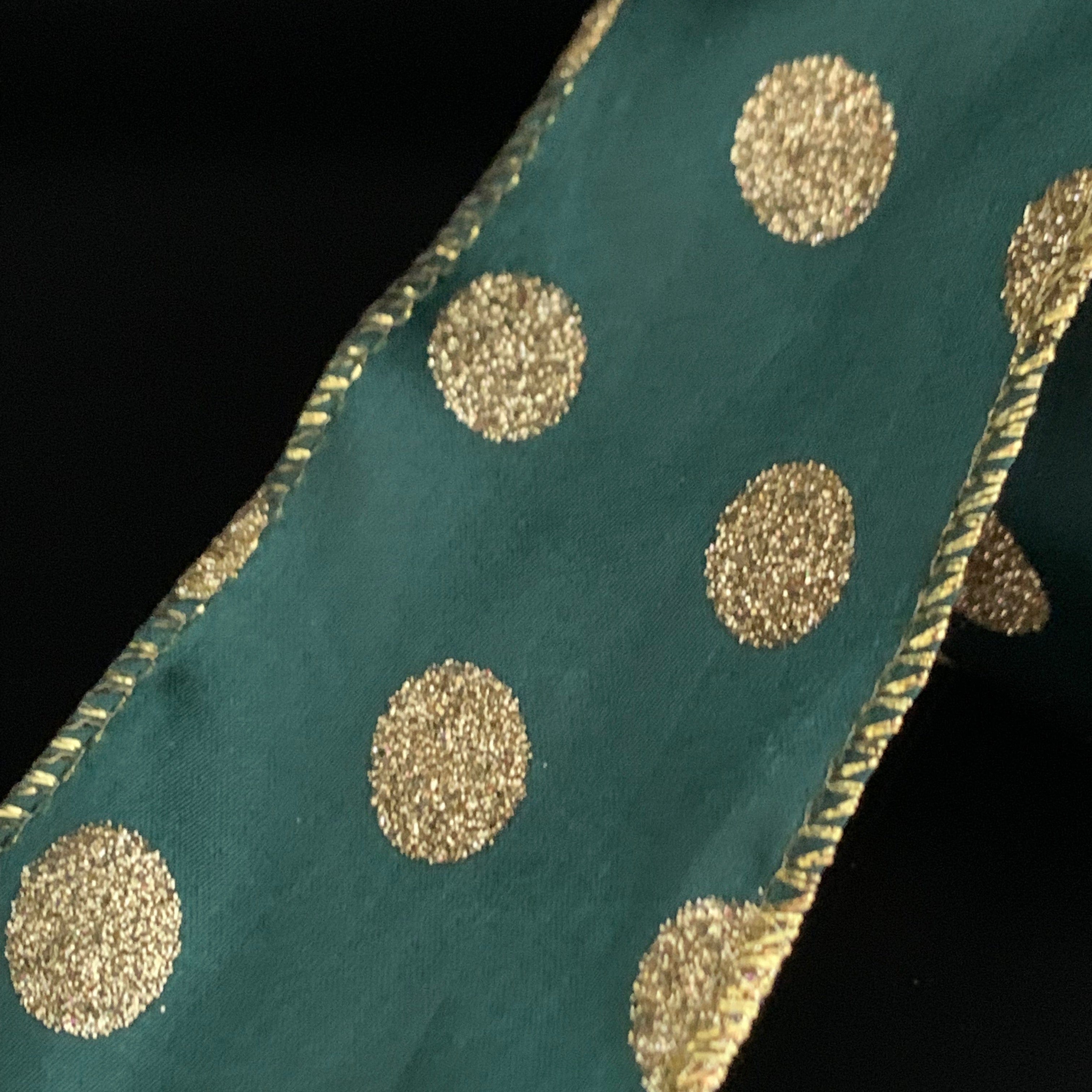 Ribbonly Wired Green / 10m / 63mm Festive Polka Green and Gold Glitter Wired Ribbon