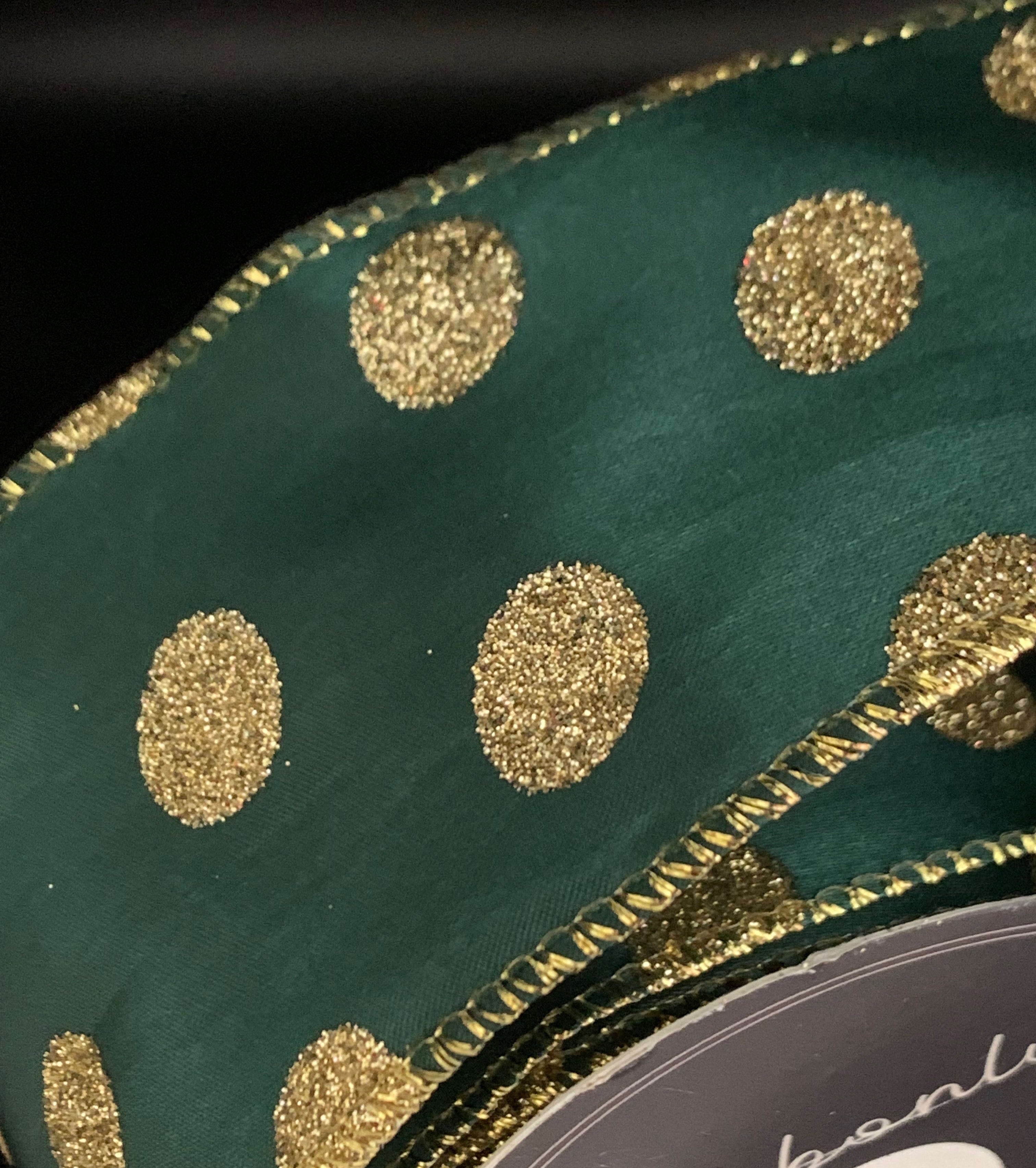 Ribbonly Wired Green / 10m / 63mm Festive Polka Green and Gold Glitter Wired Ribbon