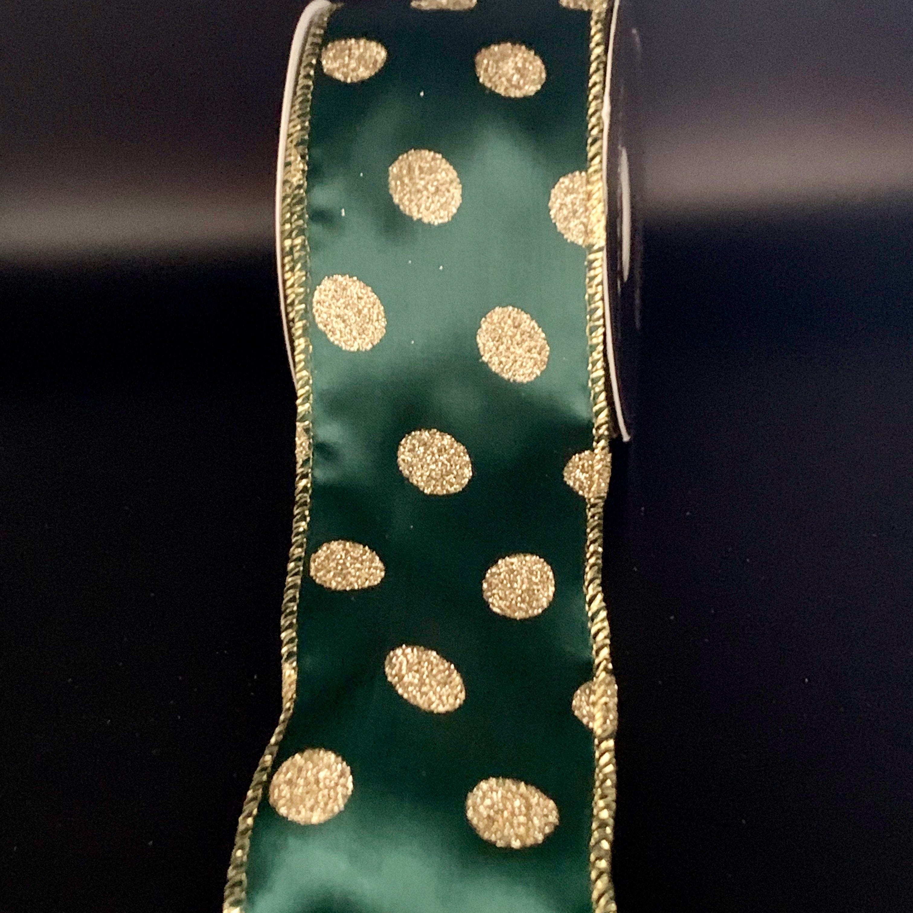 Ribbonly Wired Green / 10m / 63mm Festive Polka Green and Gold Glitter Wired Ribbon