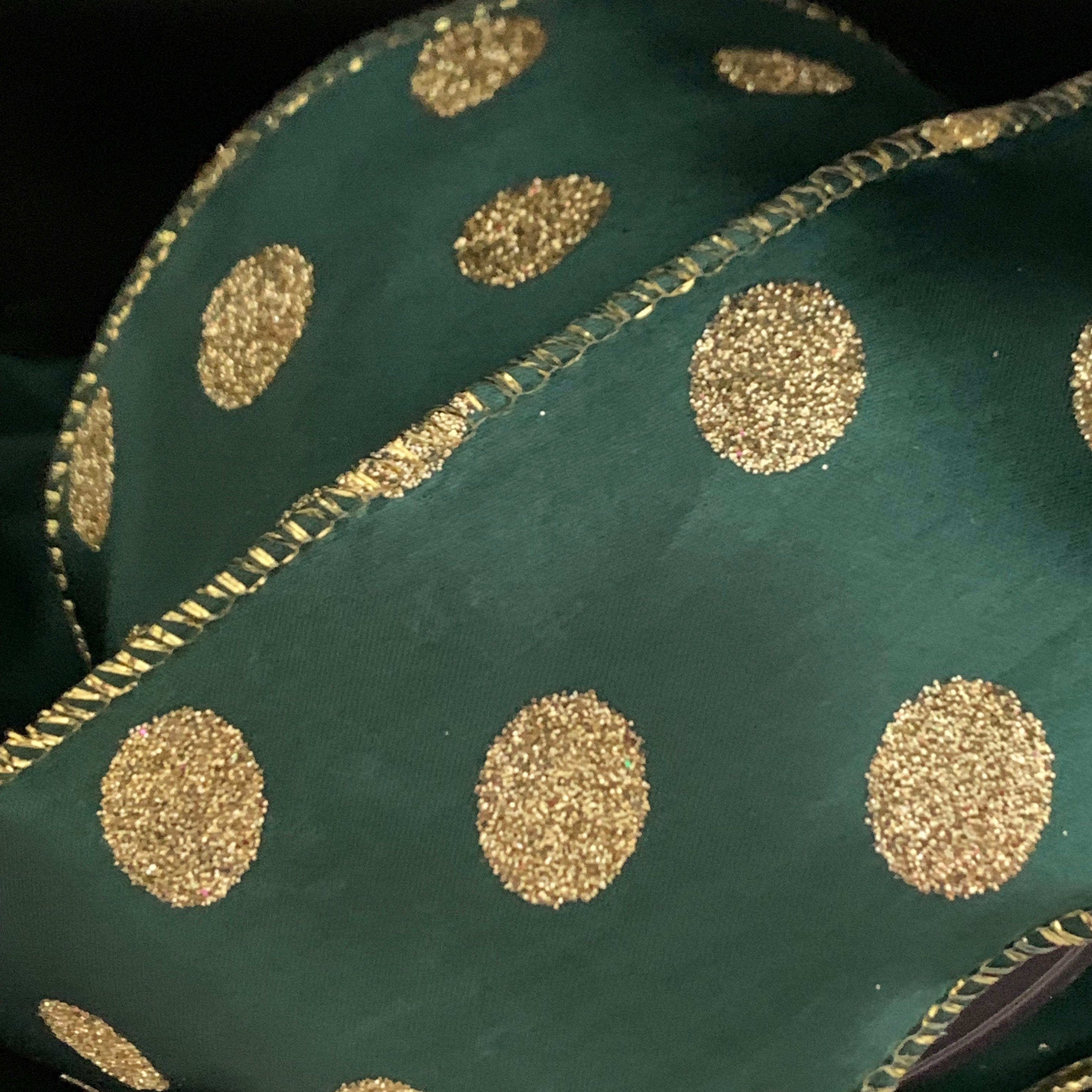 Ribbonly Wired Green / 10m / 63mm Festive Polka Green and Gold Glitter Wired Ribbon