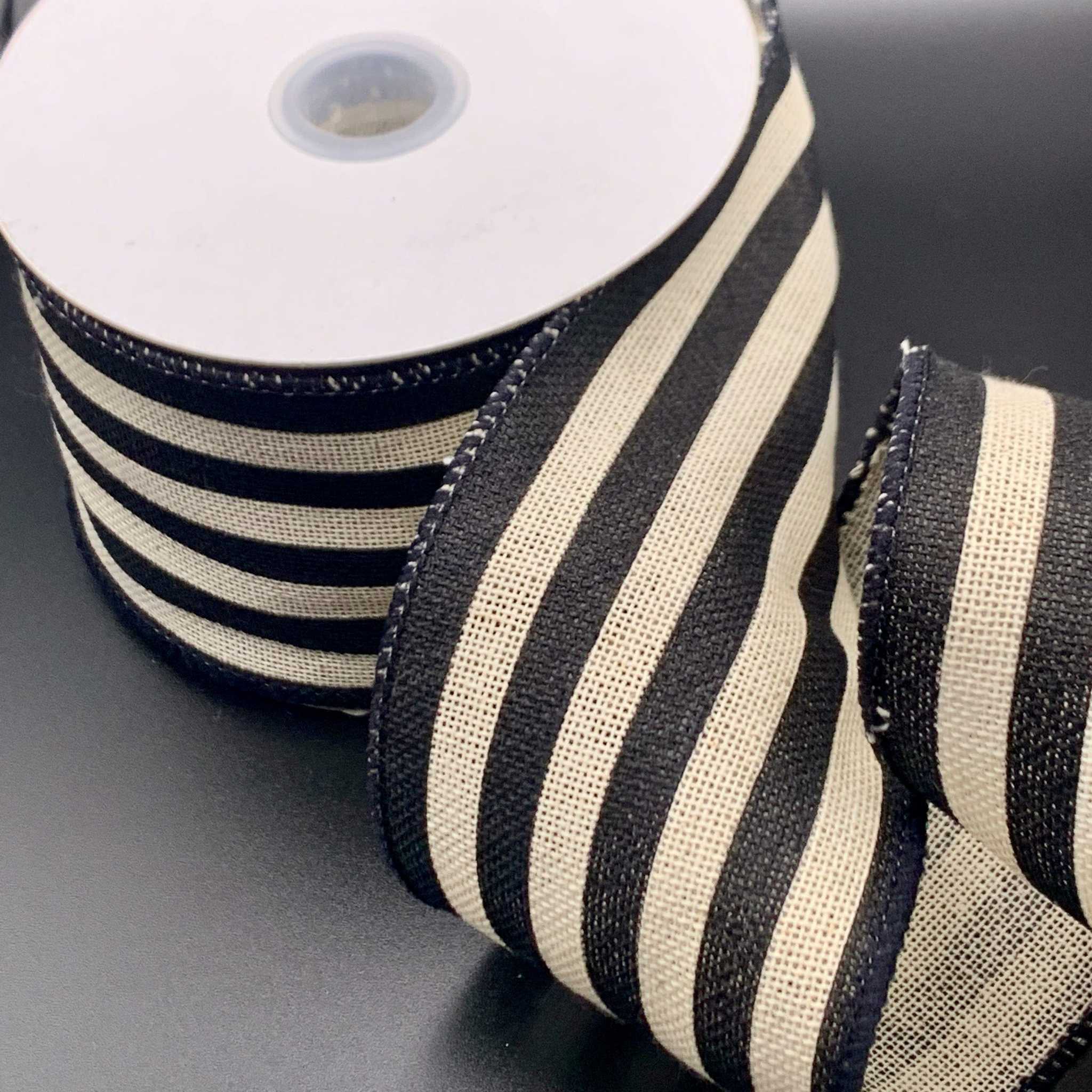 Ribbonly Wired Black and White / 10m / 63mm Liquorice Stripe Wired Canvas Ribbon
