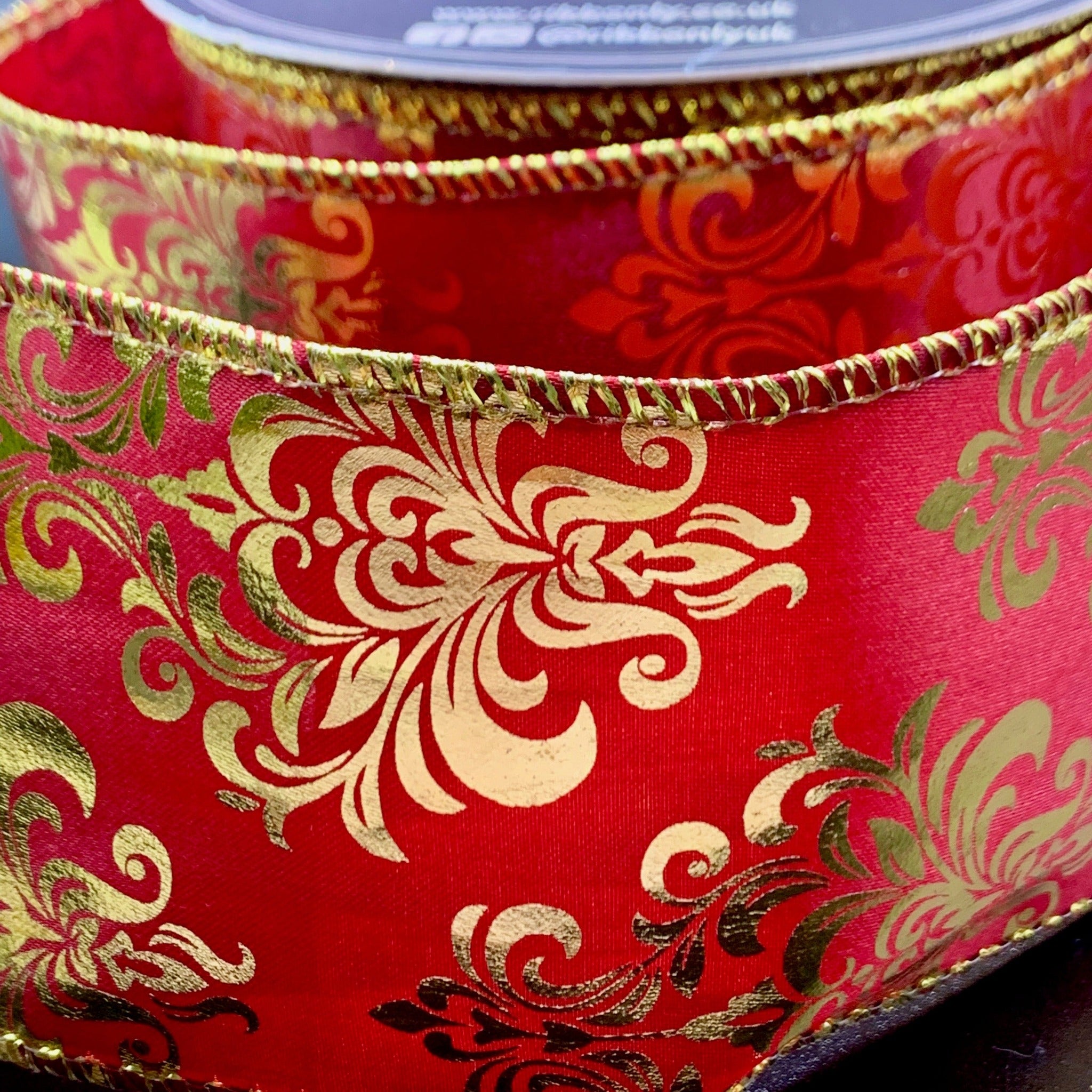 Ribbonly Wired Red / 10m / 63mm Ruby Jacquard Red and Gold Wired Ribbon