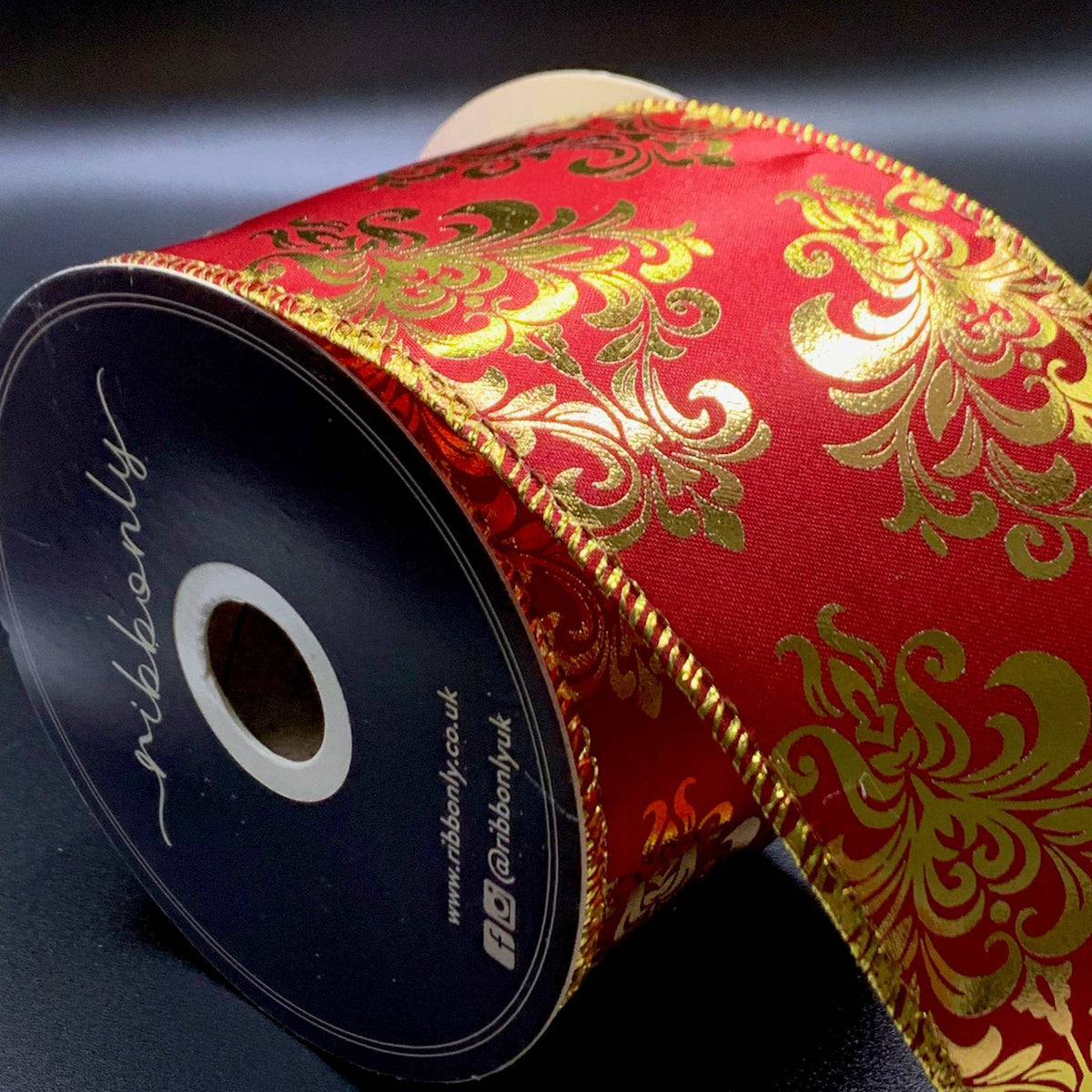 Ruby Red Ribbon Ruby Jacquard Red and Gold Wired Ribbon | Ribbonly
